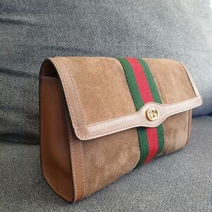 Gucci Vintage Sherry Suede Clutch with Green and Red Stripe